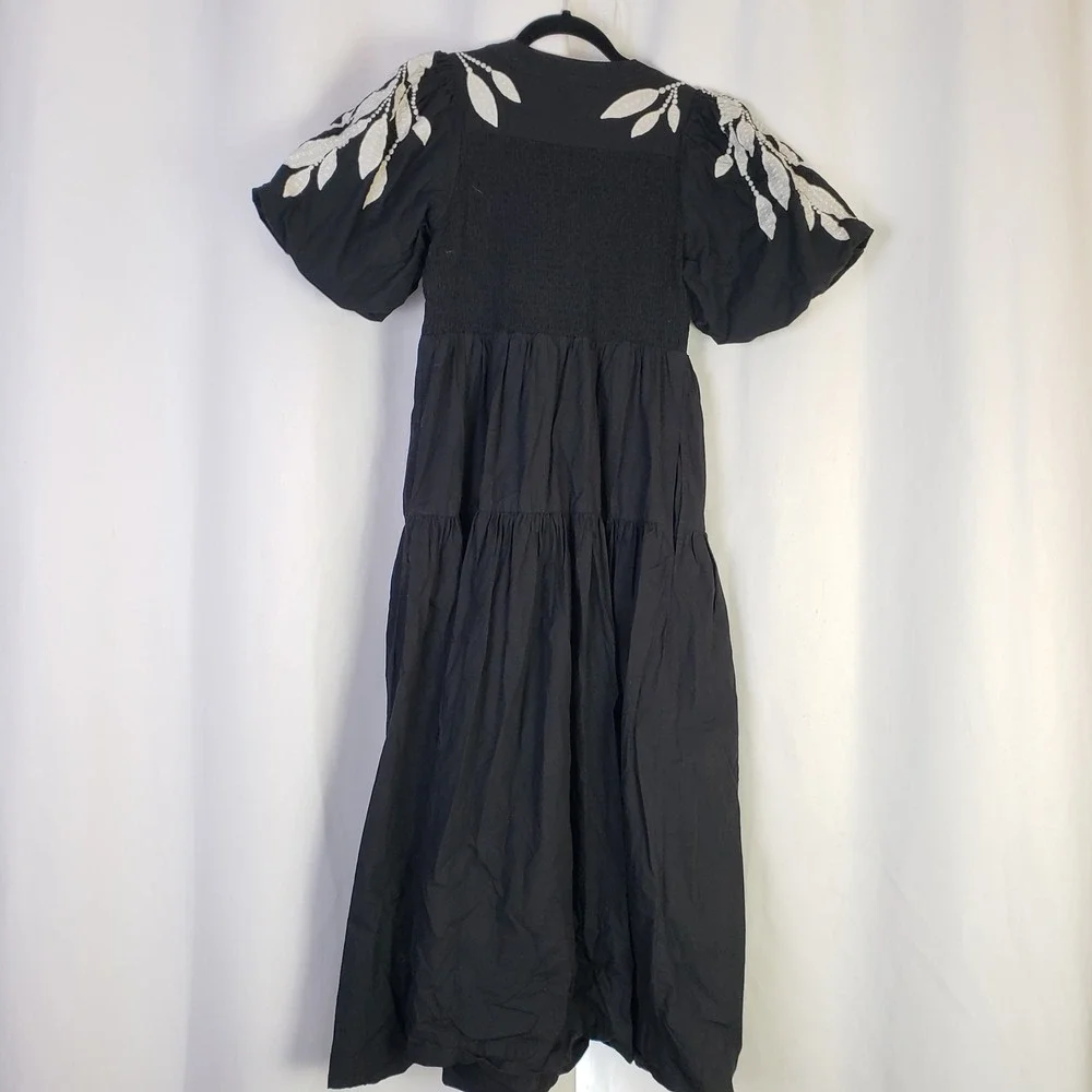 Anthropologie sz S Short Sleeve Black White Embroidered Leaf Midi Dress Smocked - Picture 4 of 8